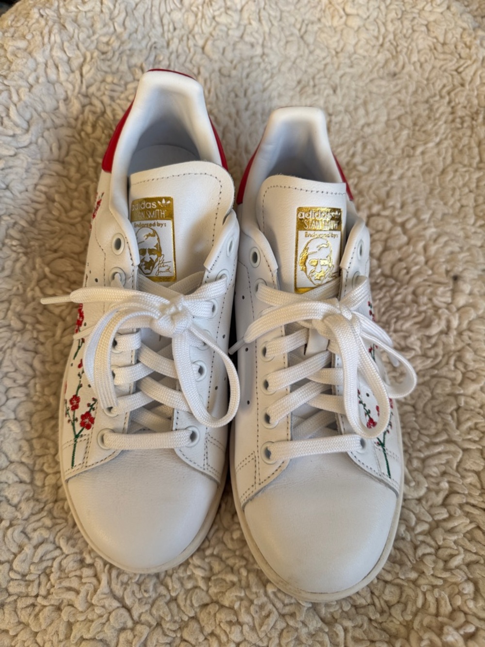 adidas White Leather Sneakers with Red Floral Embroidery